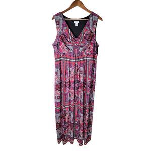 Chico's Size 3‎ Red Pink Bandana Paisley Print V-Neck Maxi Dress